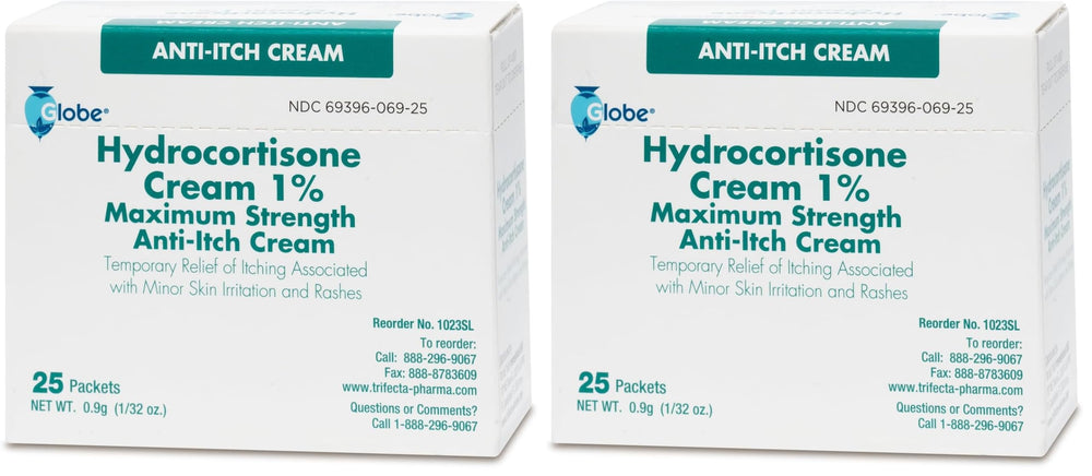 Globe hydrocortisone cream packet front showing travel-friendly anti-itch relief.