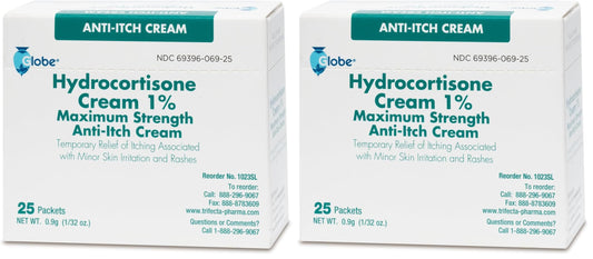Globe hydrocortisone cream packet front showing travel-friendly anti-itch relief.