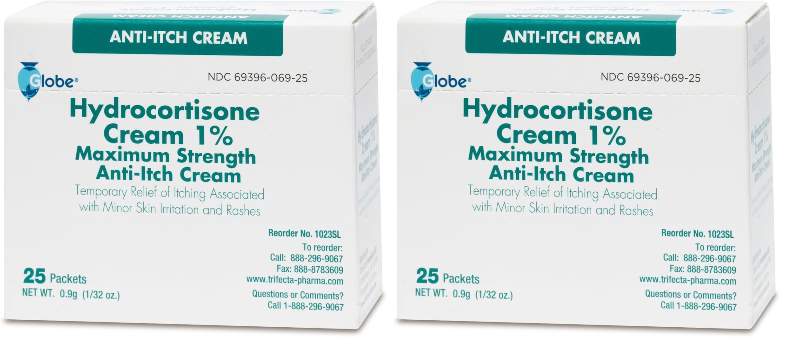 Globe hydrocortisone cream packet front showing travel-friendly anti-itch relief.