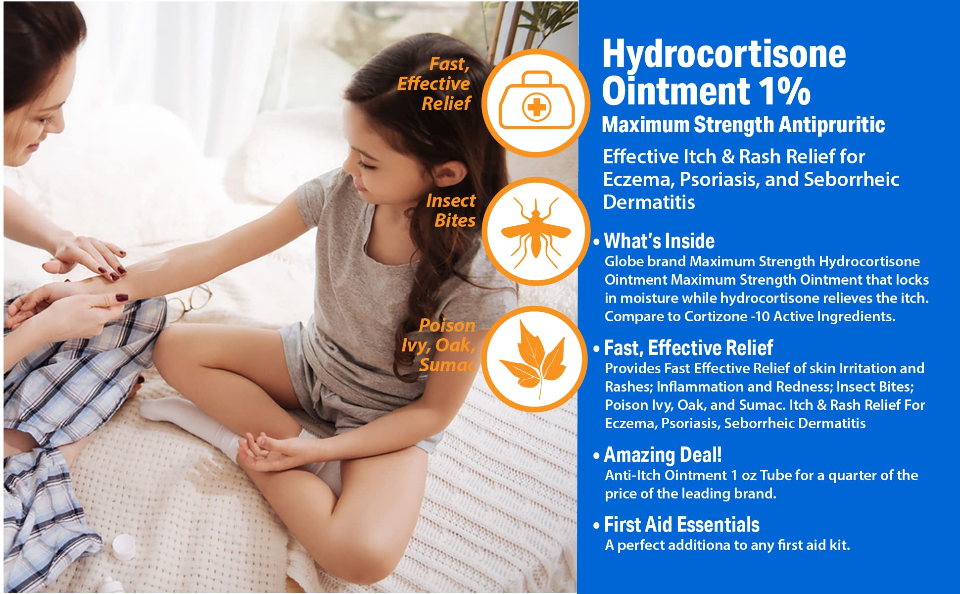 Globe Hydrocortisone Ointment 4-pack tubes arranged for home first aid.