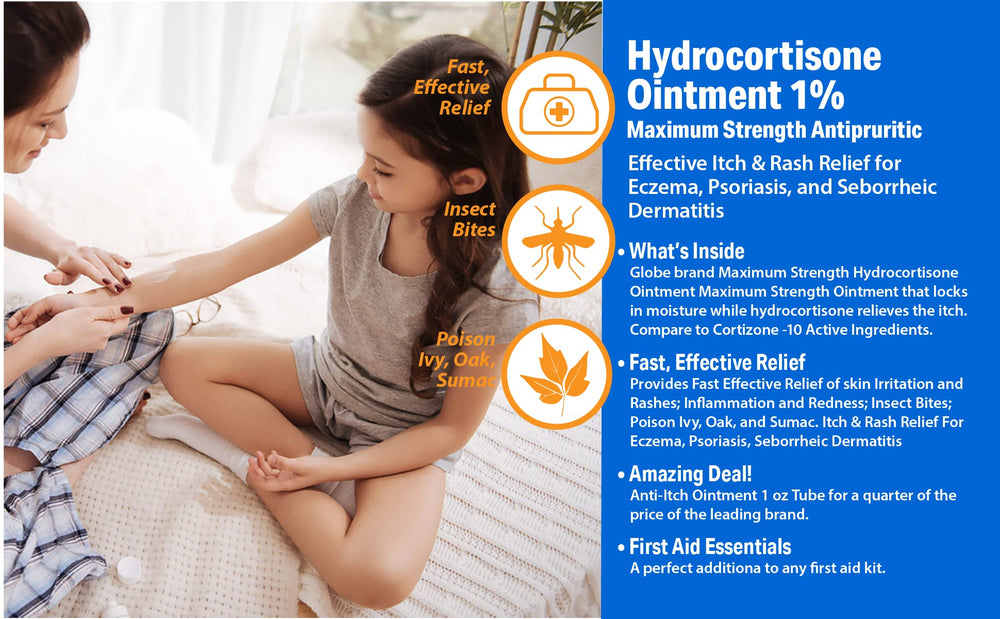 Globe Hydrocortisone Ointment 4-pack tubes arranged for home first aid.