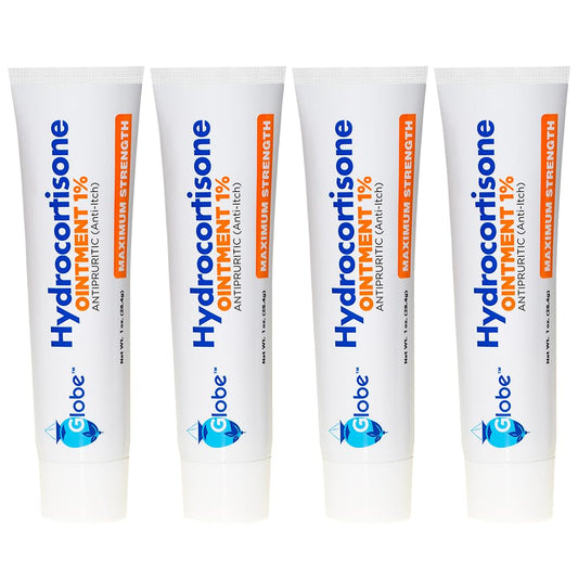 Globe Hydrocortisone Ointment tube closeup shows maximum-strength anti-itch relief.