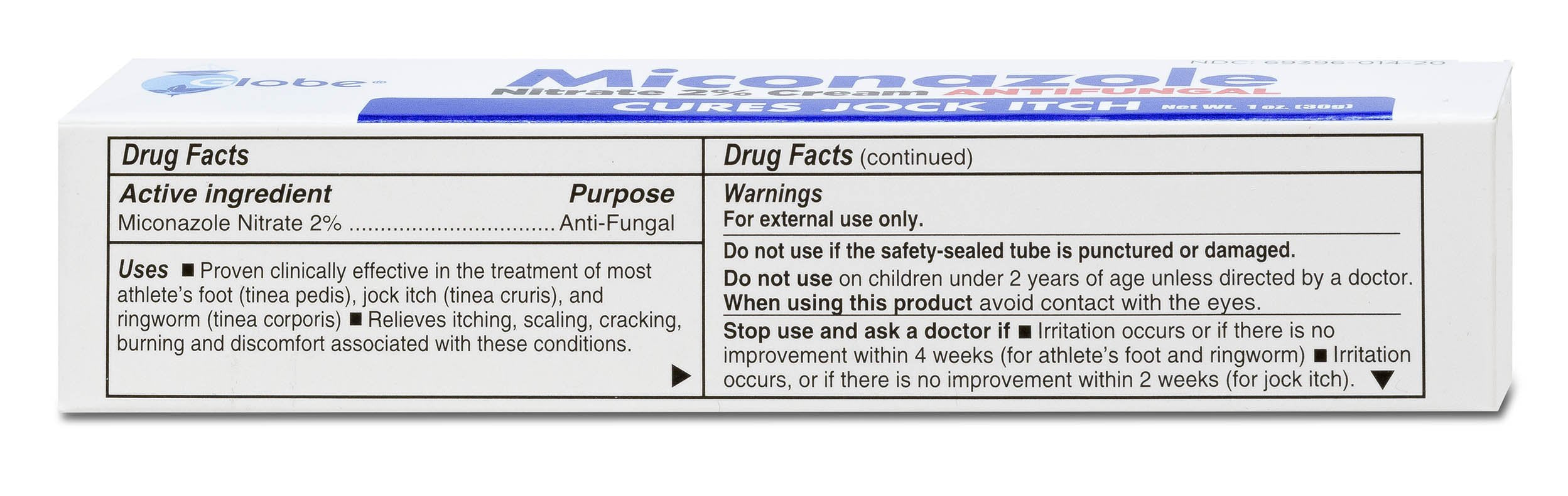 Globe miconazole cream tube shows non-prescription antifungal option