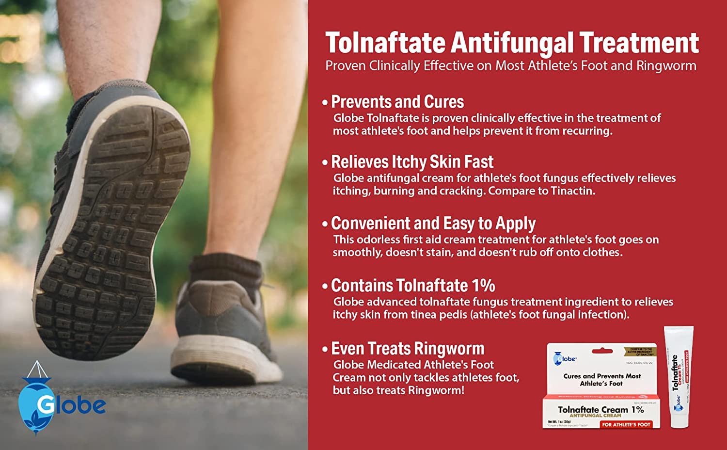 Globe Tolnaftate 1% Cream packaging outer box – trusted antifungal solution on display.