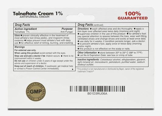 Globe Tolnaftate 1% Cream tube label – shows active ingredient and directions.