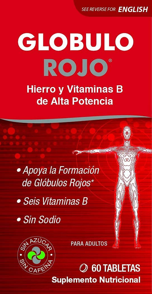 Two Globulo Rojo iron tablets next to bottle
