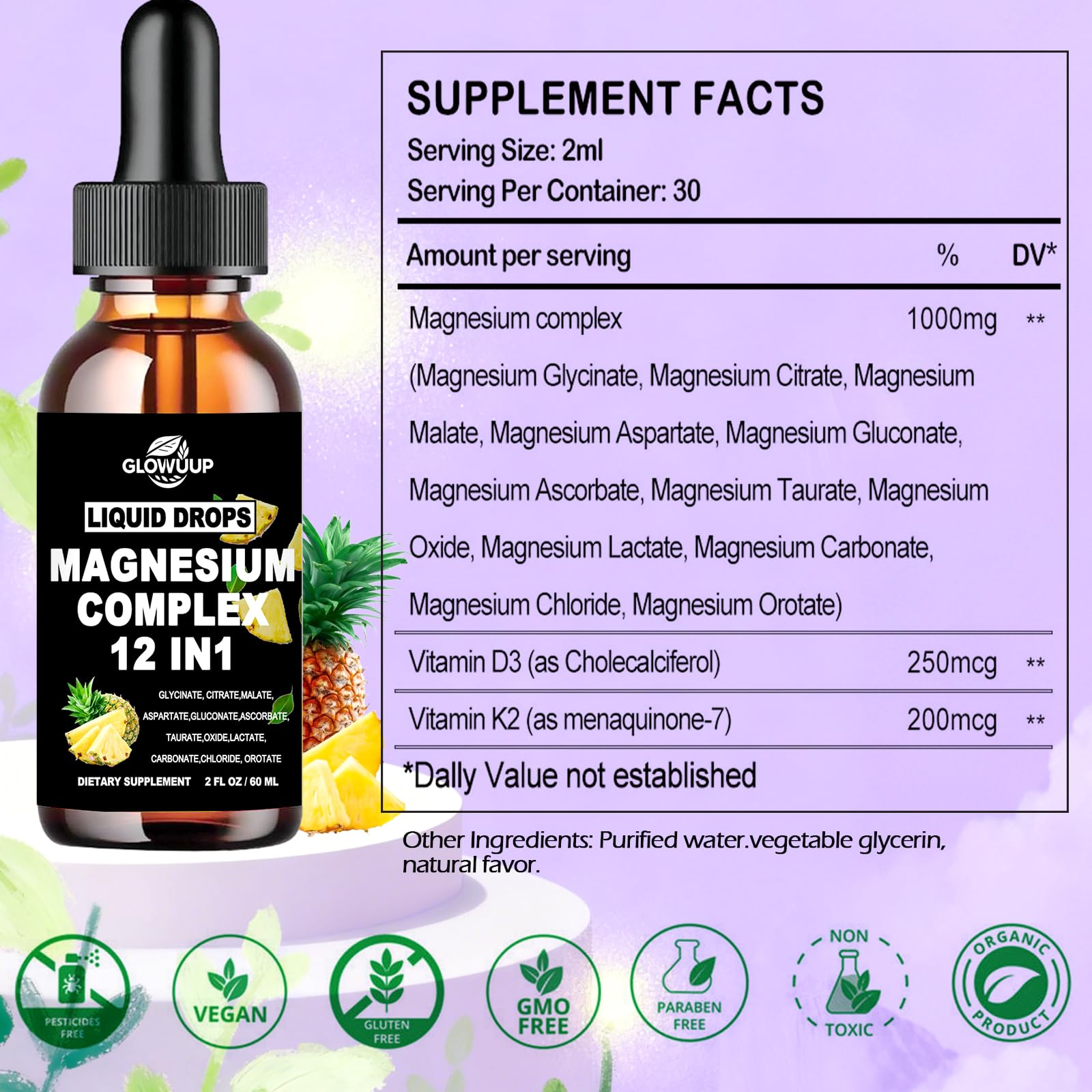 Close-up of magnesium 12-in-1 liquid drops dispensing
