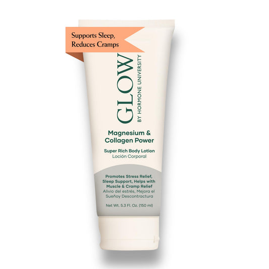 Glow by Hormone University magnesium lotion with collagen bottle on a clean surface