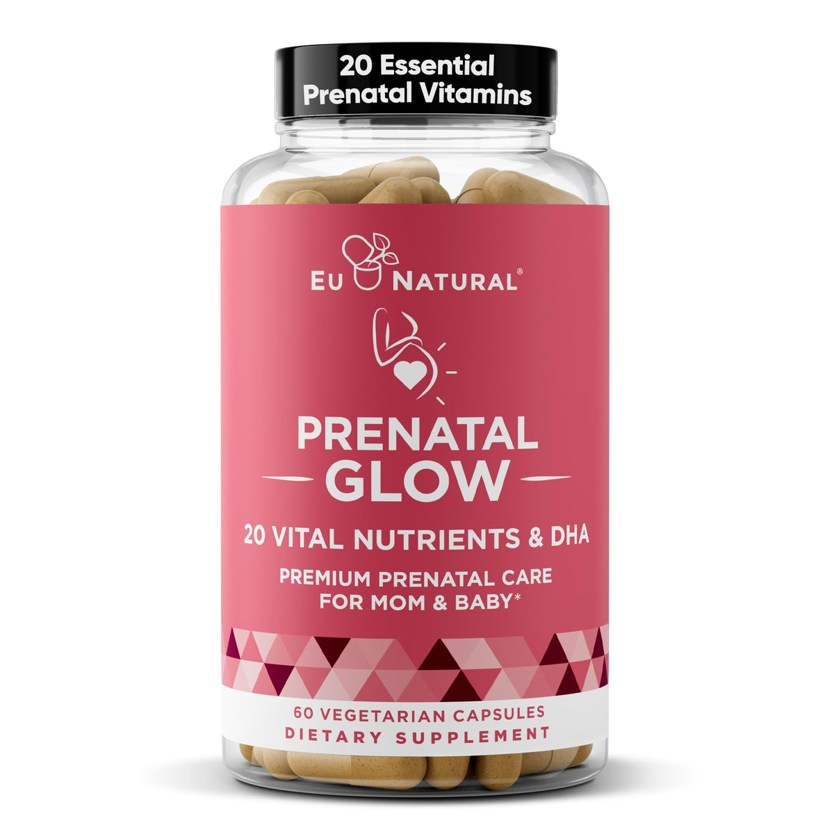 Glow Prenatal Vitamins bottle and packaging displaying 60 capsules