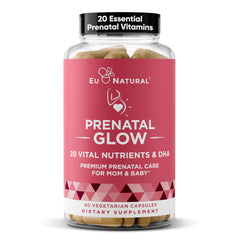 Glow Prenatal Vitamins bottle and packaging displaying 60 capsules