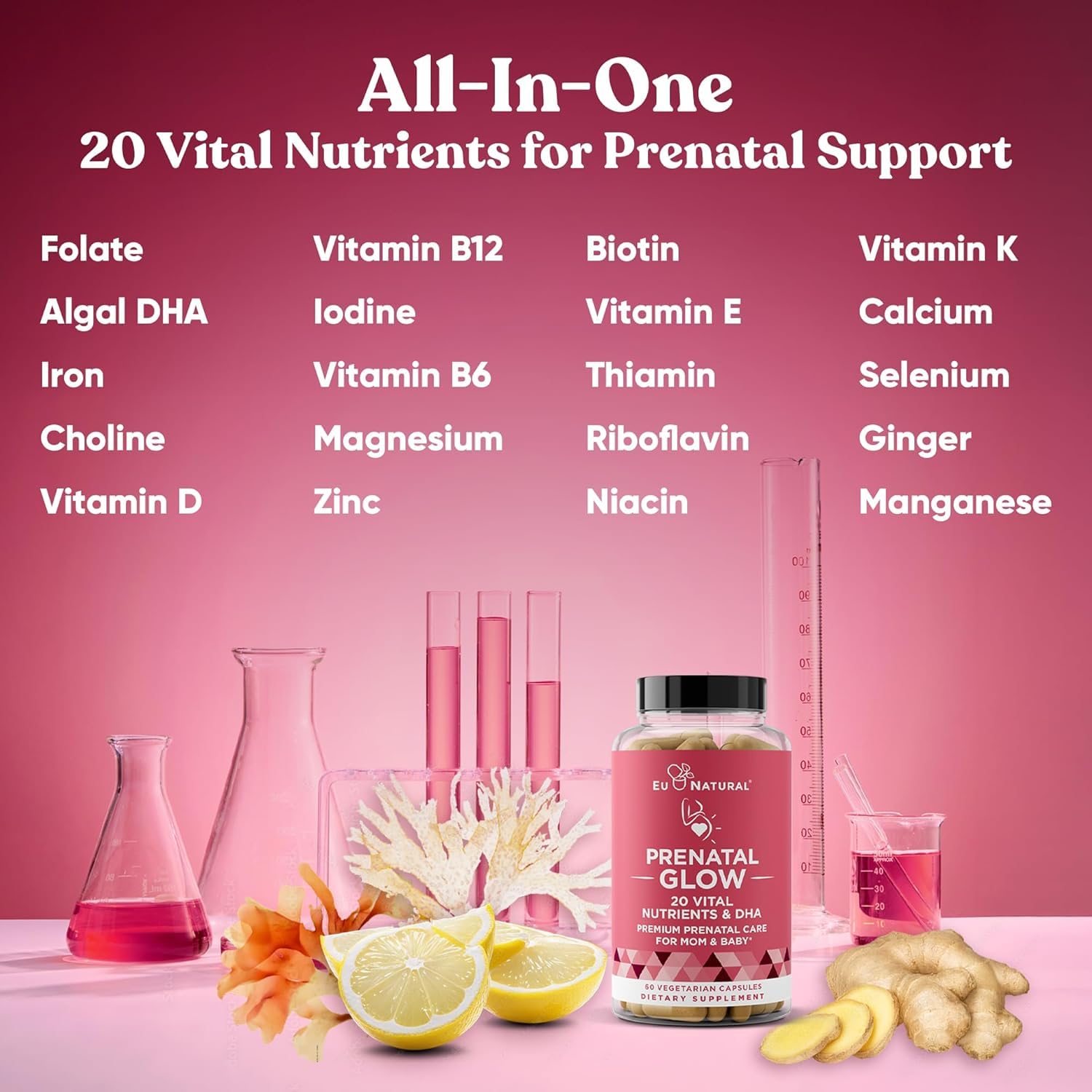 Graphic illustration of DHA, folic acid and minerals