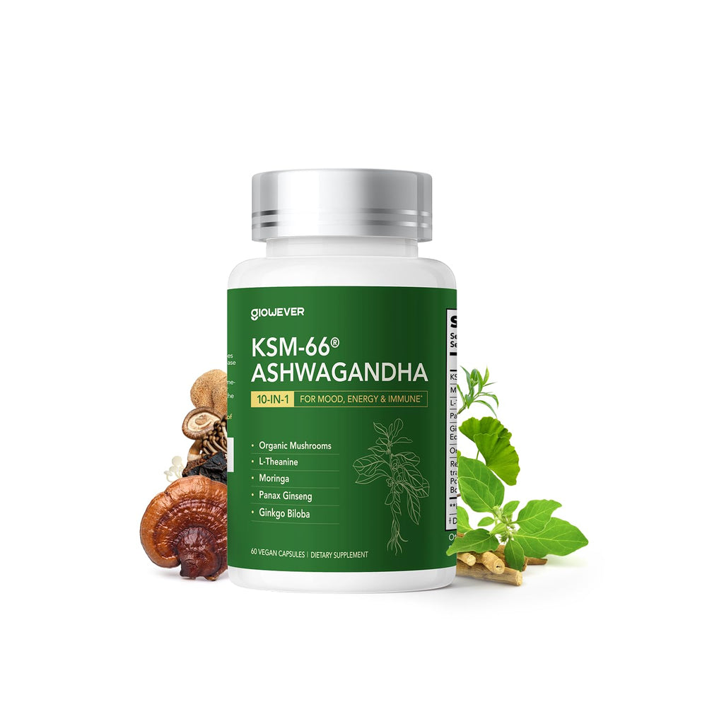 GlowEver KSM-66 Ashwagandha with L-Theanine bottle label – mood & energy support