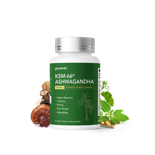 GlowEver KSM-66 Ashwagandha with L-Theanine bottle label – mood & energy support