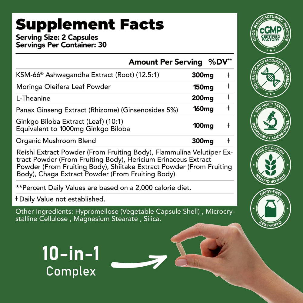 Capsule bottle close-up showing KSM-66 Ashwagandha, L-Theanine and Moringa blend