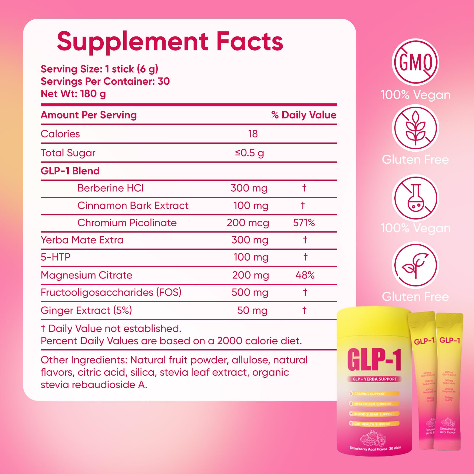 Front packaging of GLP-1 drink mix with Strawberry Acai flavor