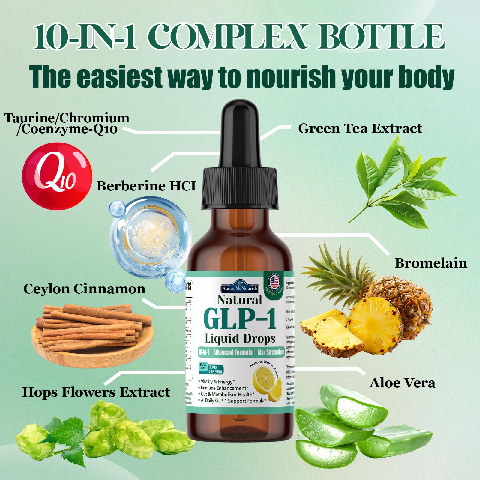 Close-up of GLP-1 liquid drops bottle and 120ml packaging.
