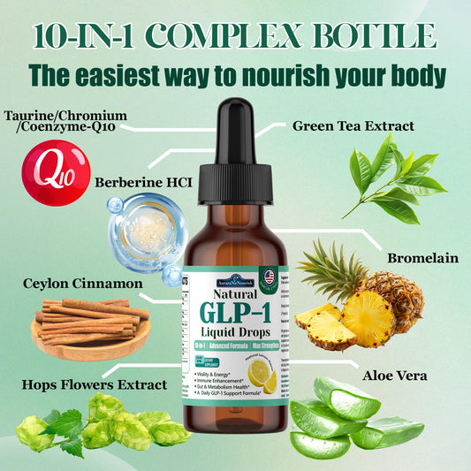 Close-up of GLP-1 liquid drops bottle and 120ml packaging.