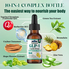 Close-up of GLP-1 liquid drops bottle and 120ml packaging.