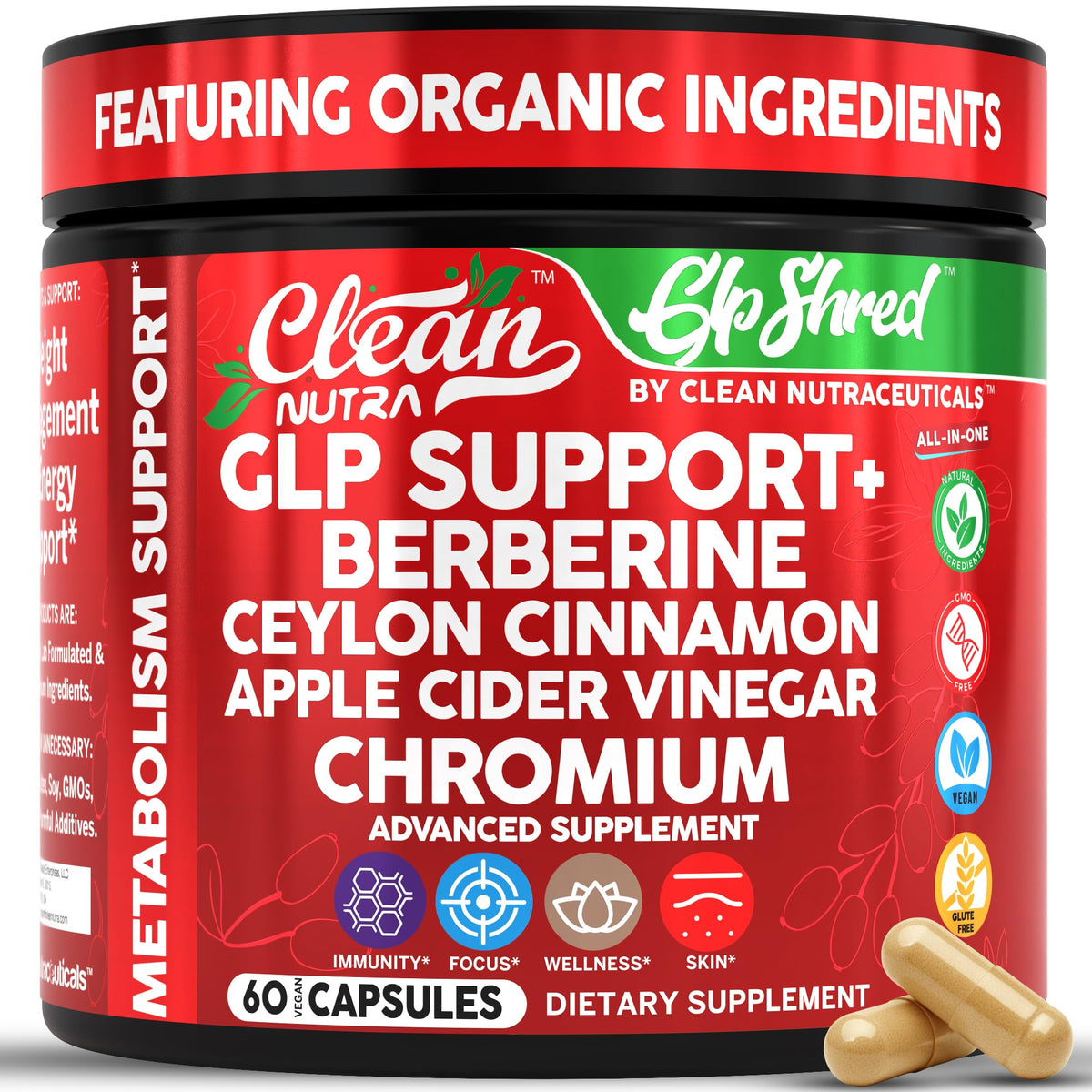 GLP Shred bottle label highlighting berberine and cinnamon