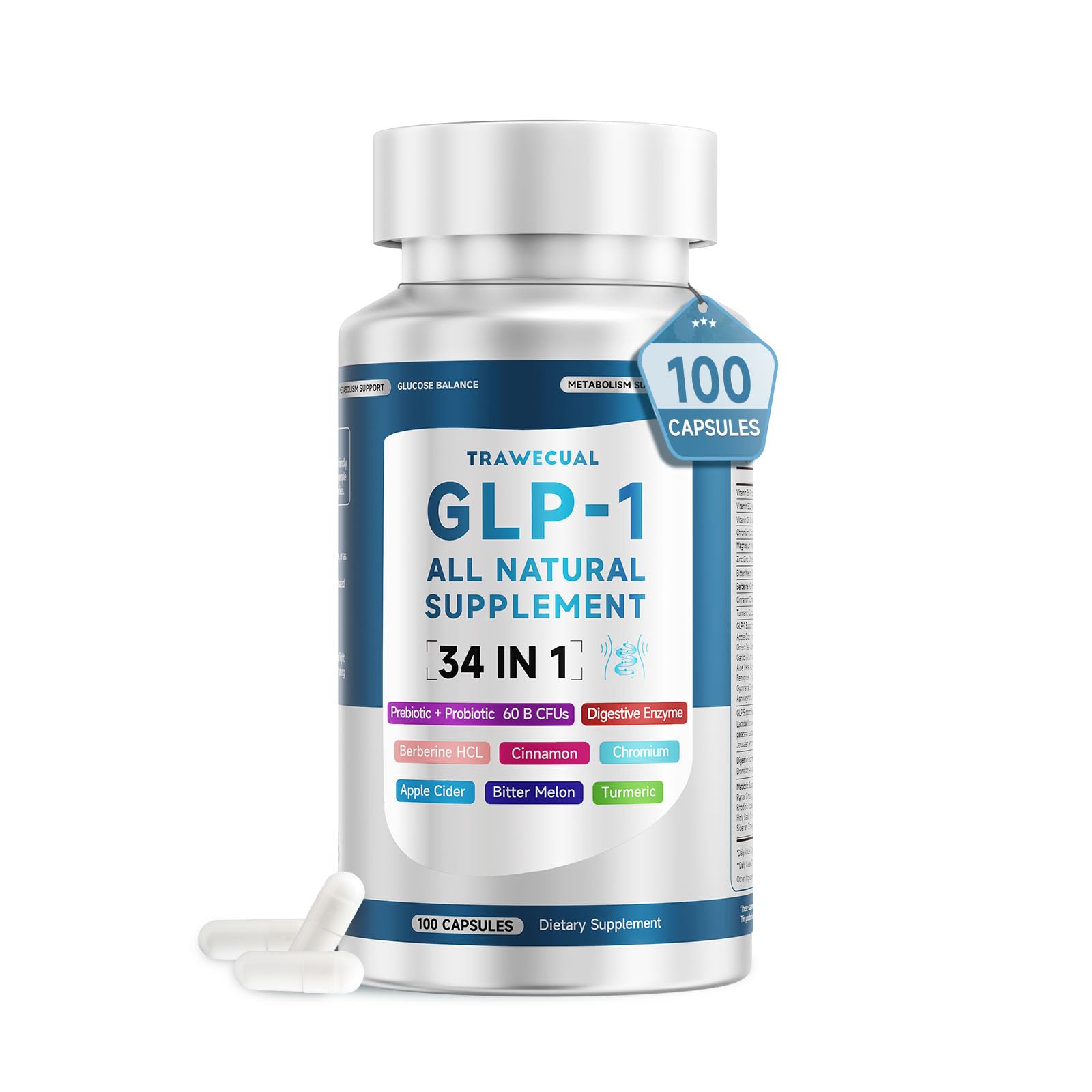 GLP-1 supplement bottle showing 34-in-1 formula