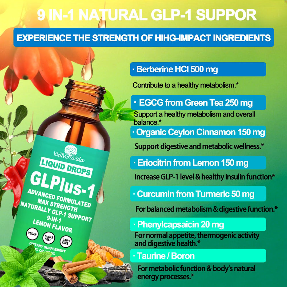 Close-up of GLP-1 Drops ingredients Berberine HCl and Green Tea