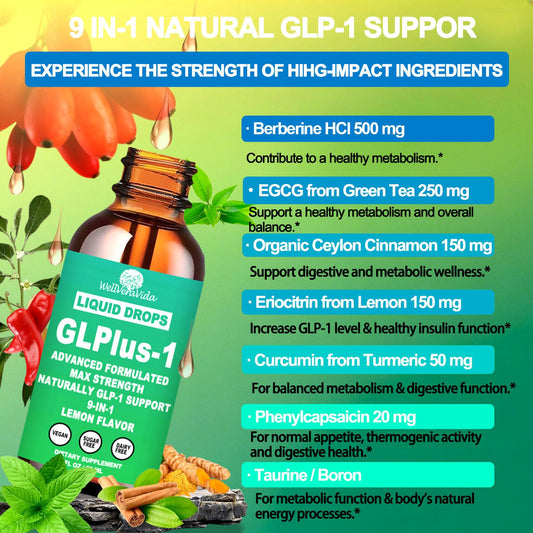 Close-up of GLP-1 Drops ingredients Berberine HCl and Green Tea