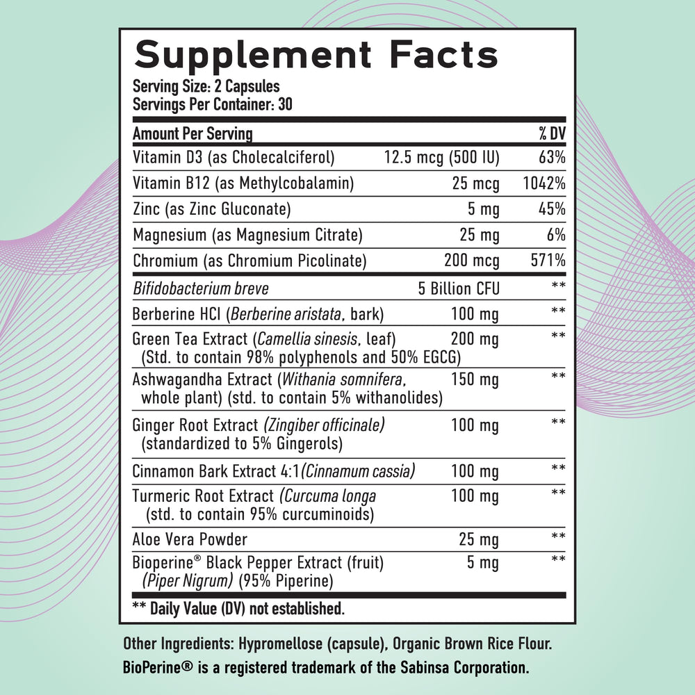 Bottle of GLP-1 supplement with probiotic imagery
