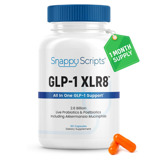 GLP-1 XLR8 bottle and capsules on a white background