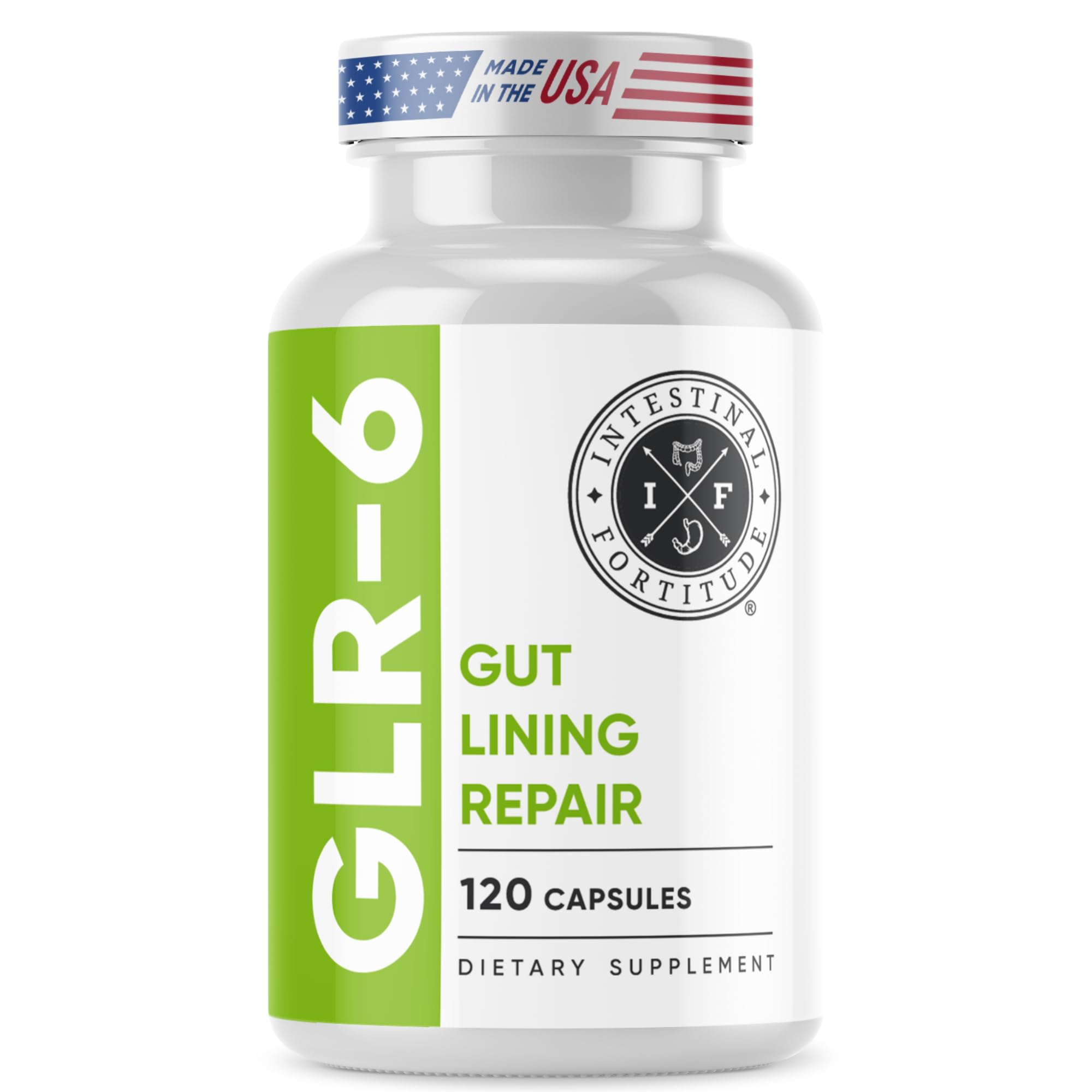 Bottle of Intestinal Fortitude GLR-6 gut lining repair supplement