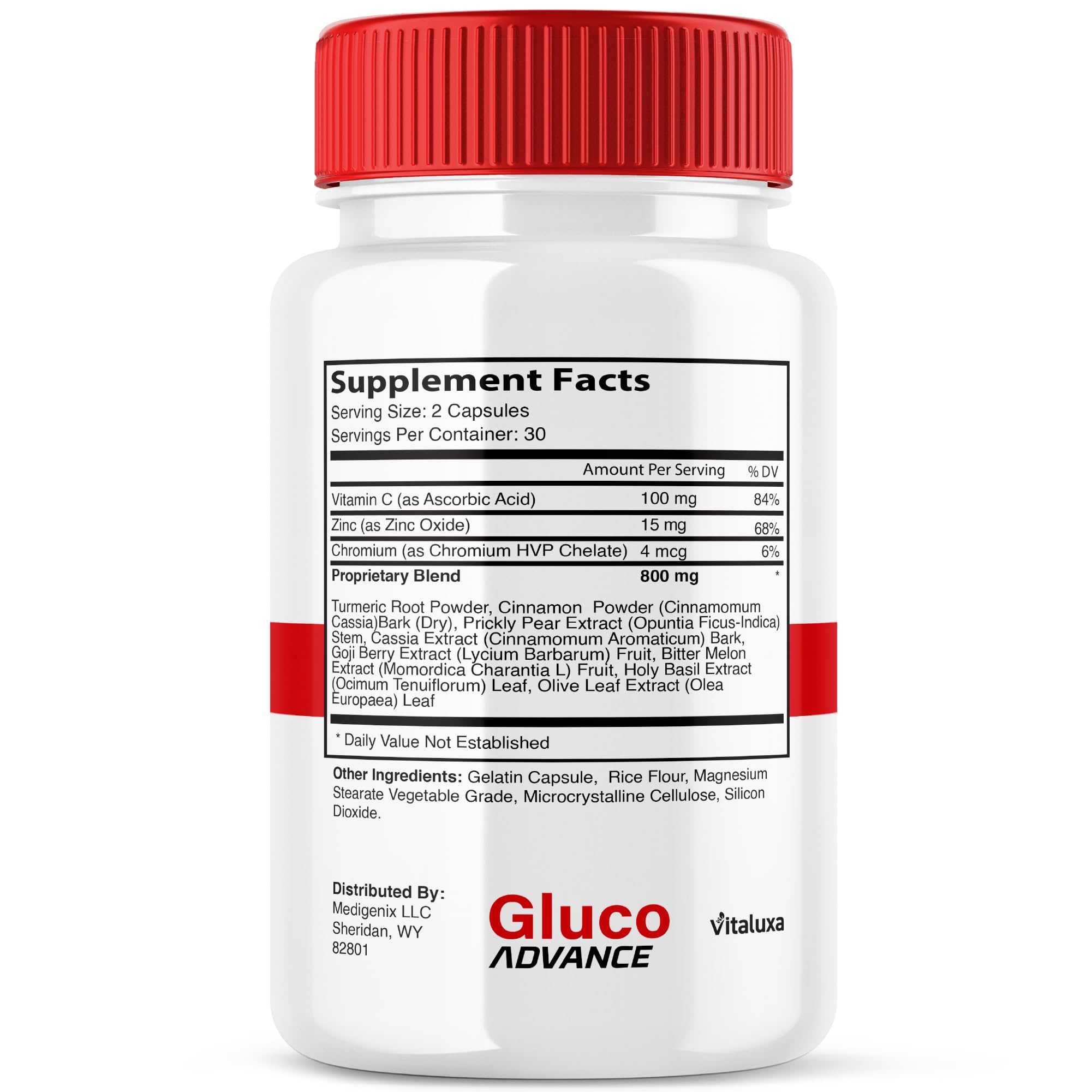 Nutrition facts panel for Gluco Advance
