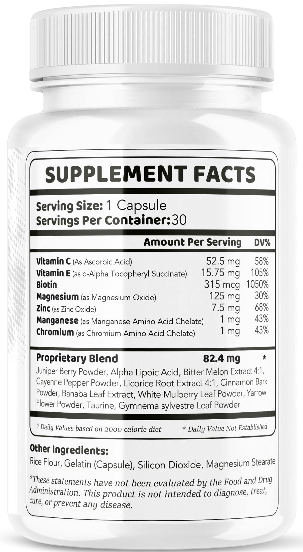Nutrition facts panel for Gluco Renu capsules