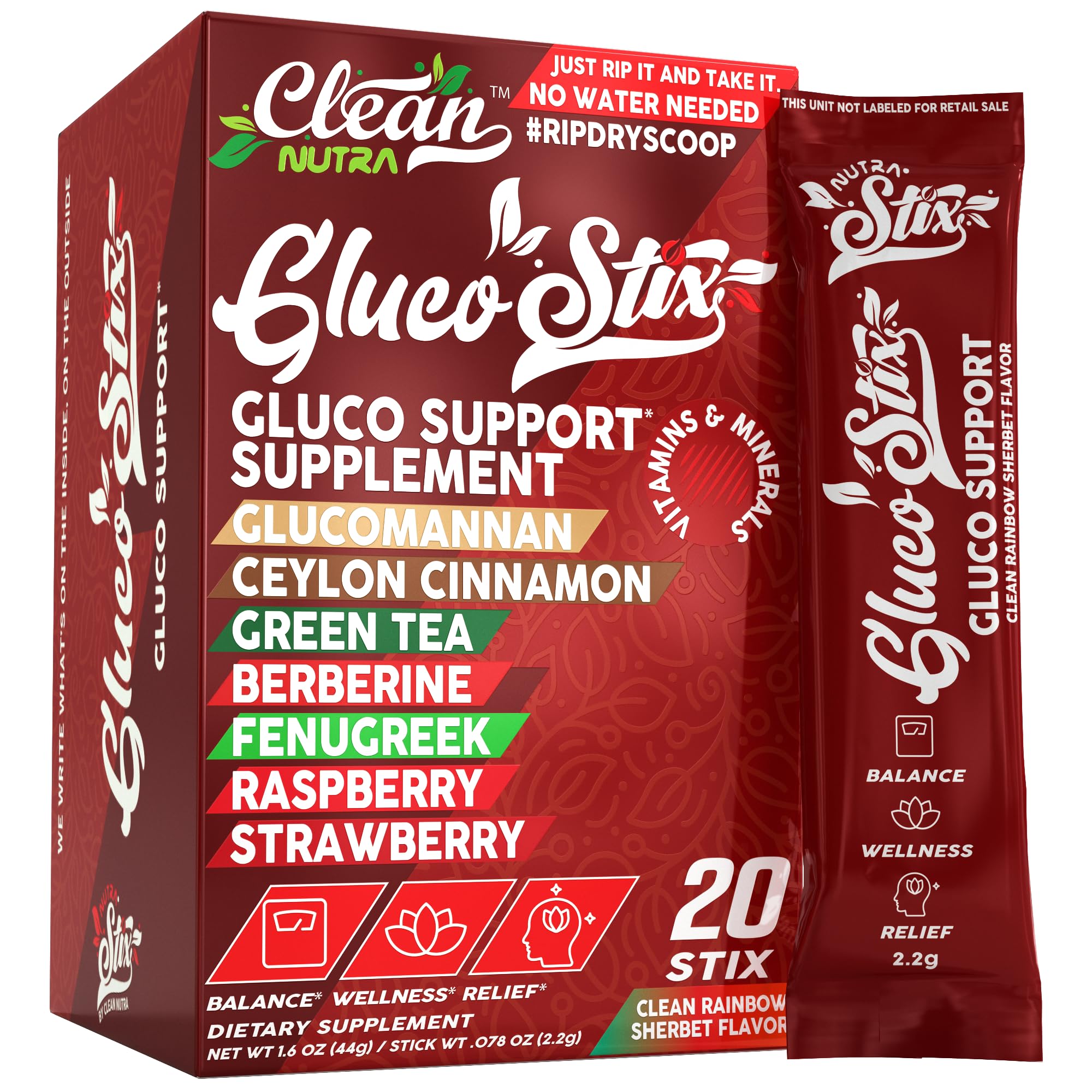 Gluco Stix Rainbow Sherbet powder sticks packaging and 20-count box