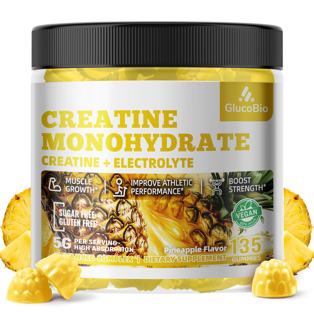 GlucoBio Creatine Monohydrate Gummies bottle label – 135 vegan, sugar-free, gluten-free
