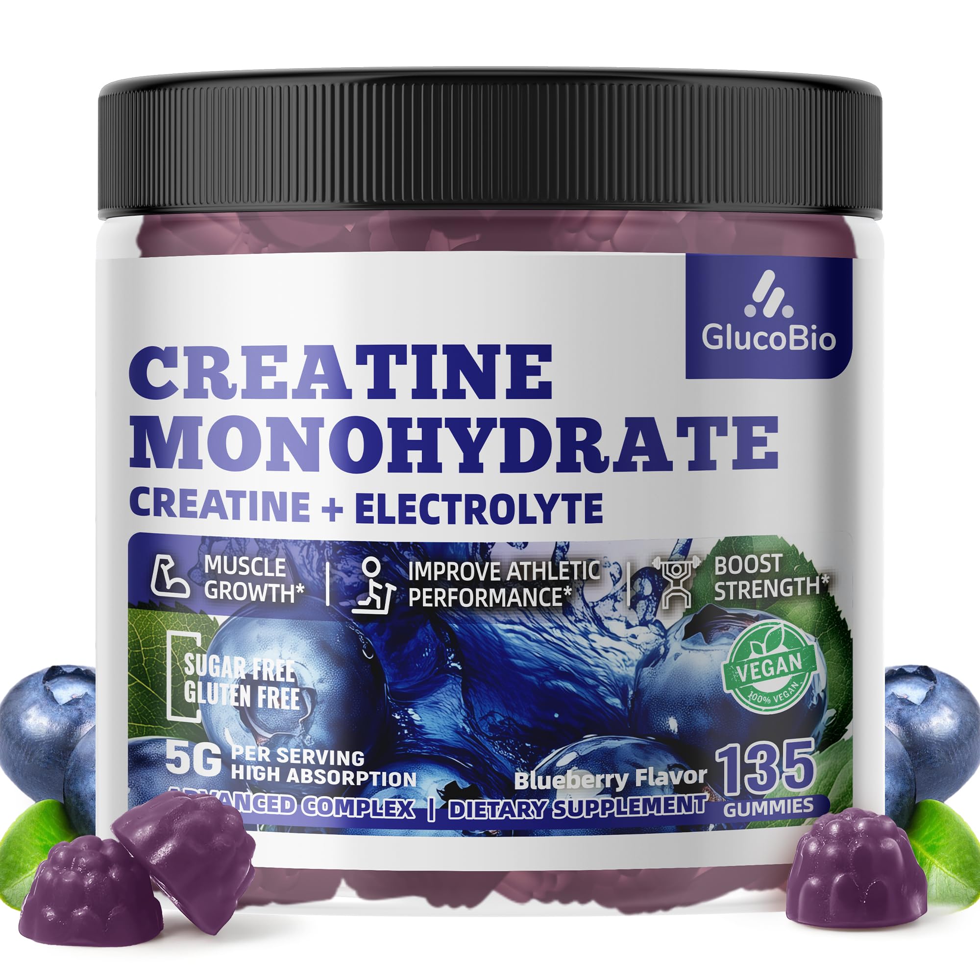 GlucoBio Creatine Monohydrate Gummies bottle label, 135 count