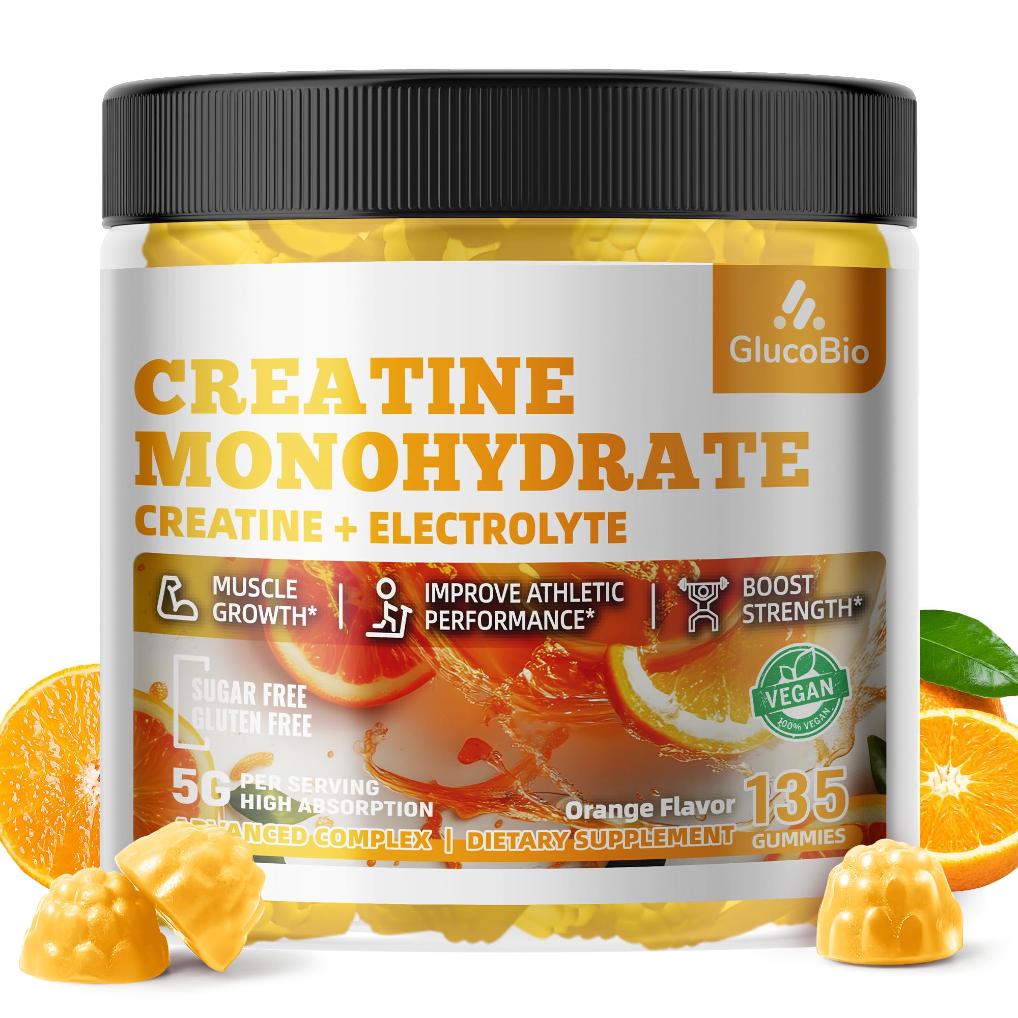 GlucoBio Creatine Monohydrate Gummies bottle with orange electrolyte flavor