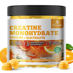 GlucoBio Creatine Monohydrate Gummies bottle with orange electrolyte flavor