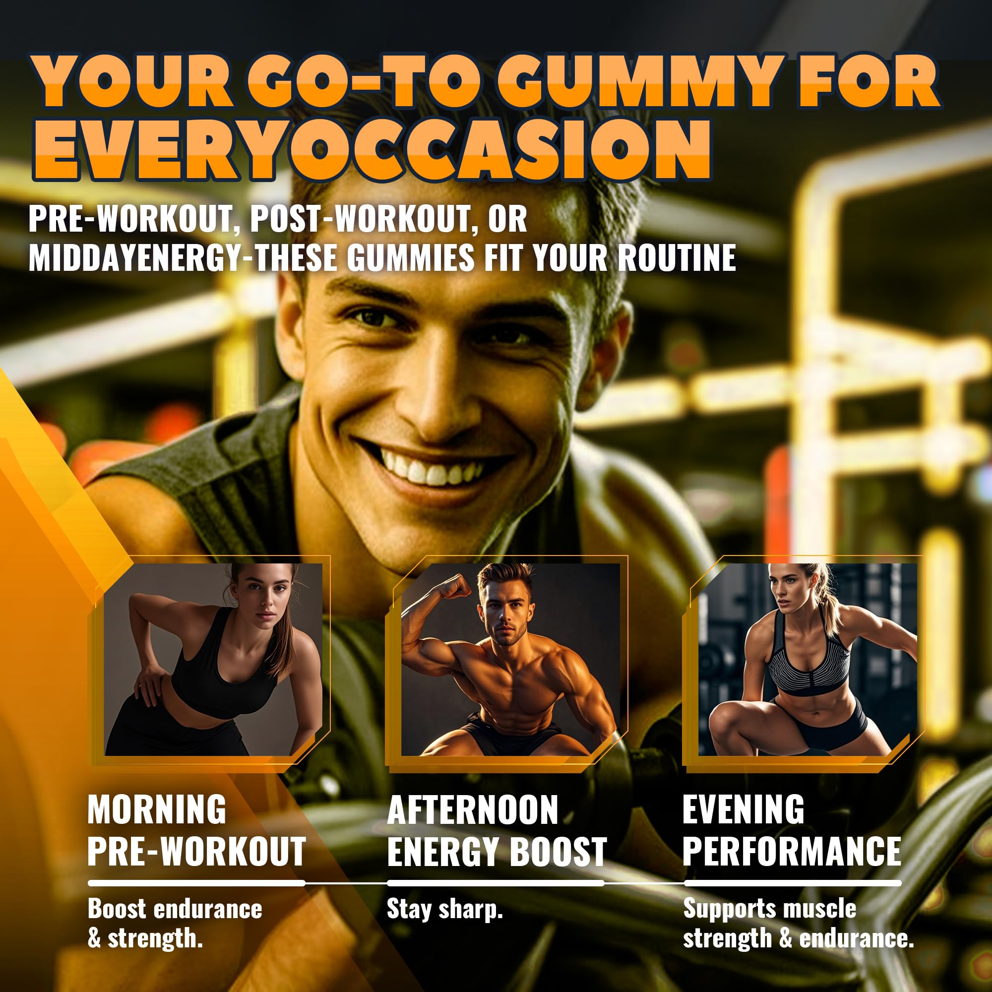 Athlete preparing to consume orange-flavored pre-workout gummies