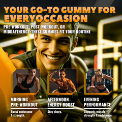Athlete preparing to consume orange-flavored pre-workout gummies