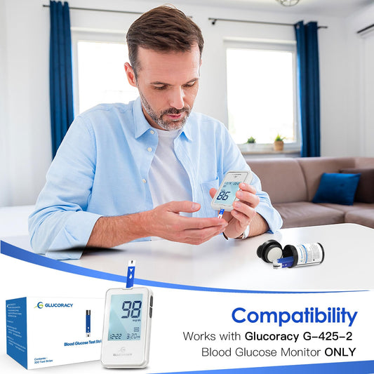 Glucoracy G-425-2 monitor with strip insertion shows compatibility