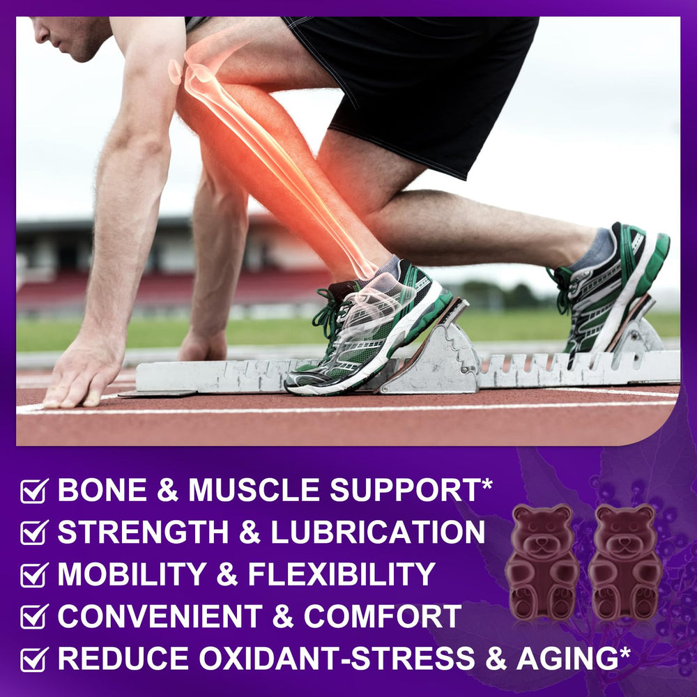 Ingredients panel highlighting glucosamine, chondroitin, MSM and elderberry