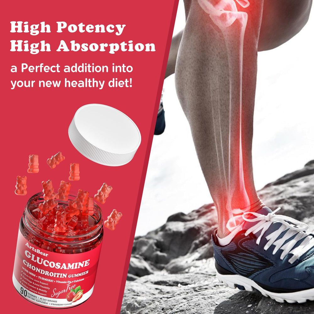 Strawberry-flavored gummies with ingredients Glucosamine Chondroitin, MSM, and Calcium