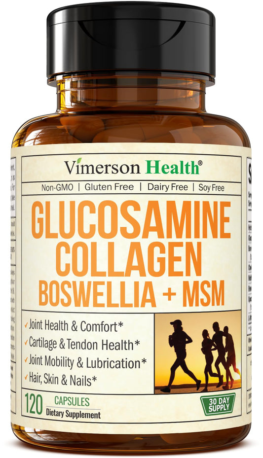 Bottle of Glucosamine Chondroitin MSM with Hydrolyzed Collagen Peptides 120 capsules – front view