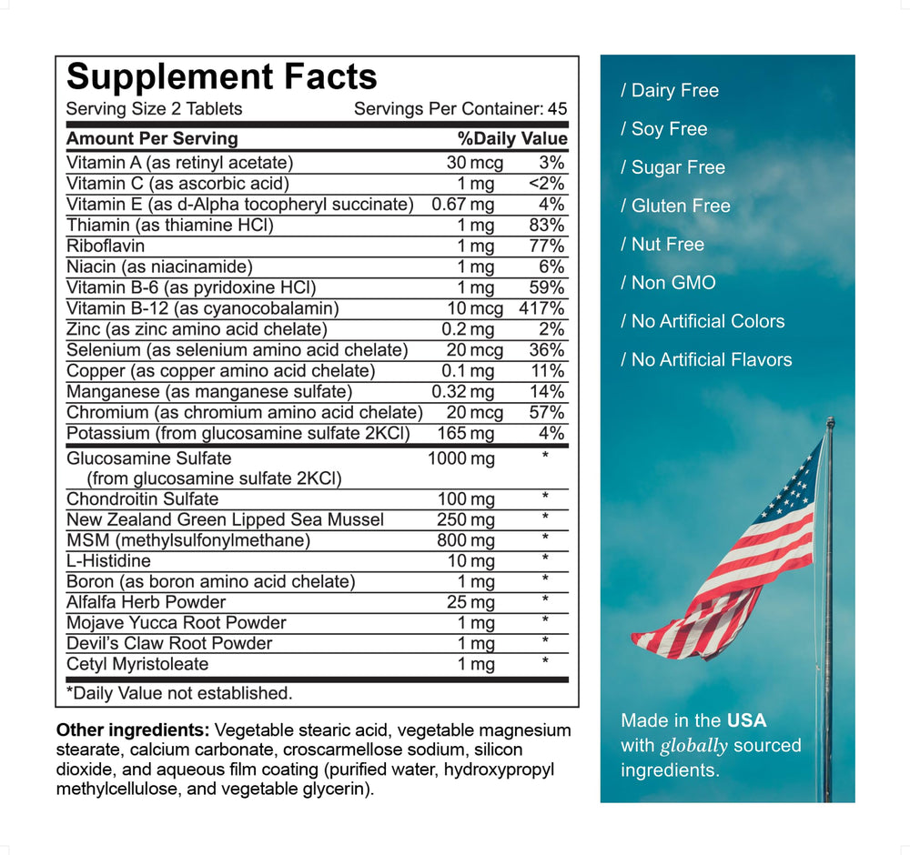 Ingredients: Glucosamine, Chondroitin, MSM, Green-Lipped Mussel