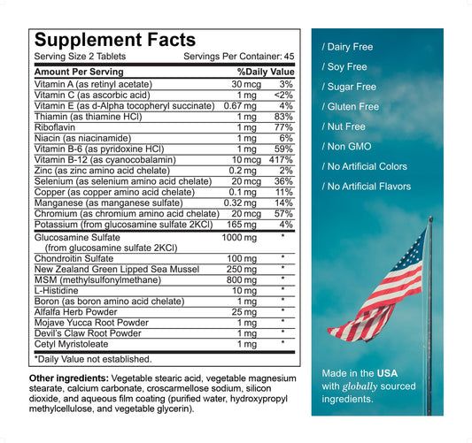 Ingredients: Glucosamine, Chondroitin, MSM, Green-Lipped Mussel