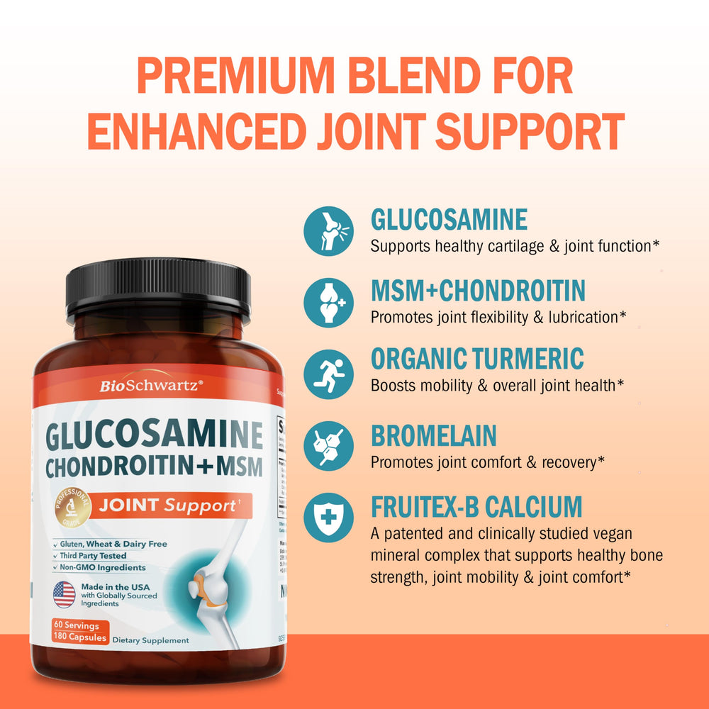 Joint health supplement label highlighting gluten free and non-GMO