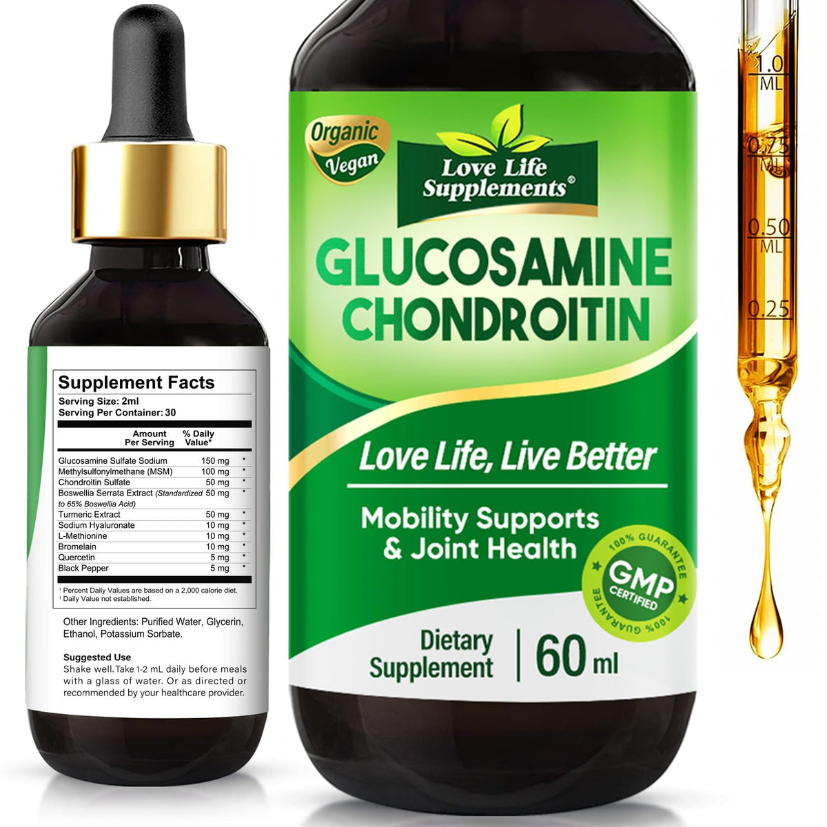 Bottle of Love Life Glucosamine Chondroitin MSM Liquid Drops
