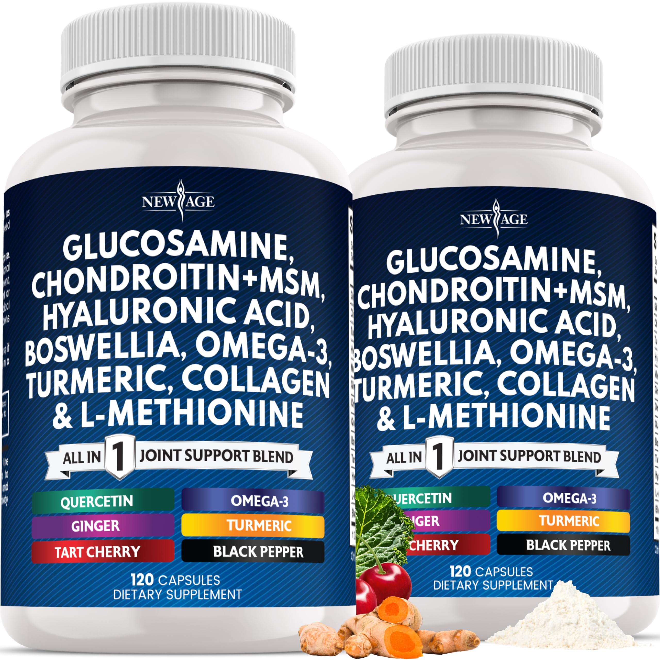 Bottle showing the all-in-one health supplement with glucosamine, chondroitin, MSM, turmeric, collagen, hyaluronic acid and omega-3, 240-count