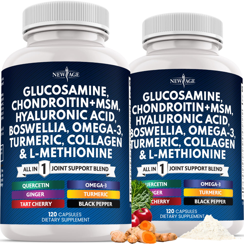 Bottle showing the all-in-one health supplement with glucosamine, chondroitin, MSM, turmeric, collagen, hyaluronic acid and omega-3, 240-count