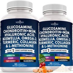 Bottle showing the all-in-one health supplement with glucosamine, chondroitin, MSM, turmeric, collagen, hyaluronic acid and omega-3, 240-count