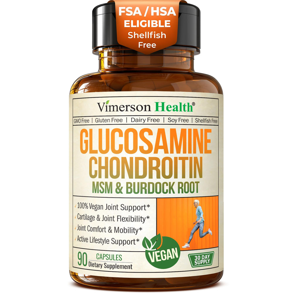 Label of vegan Glucosamine Chondroitin MSM joint support bottle